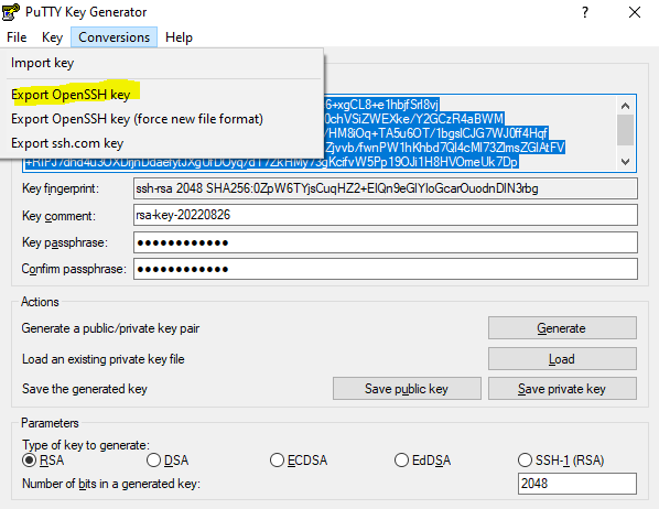 export using putty